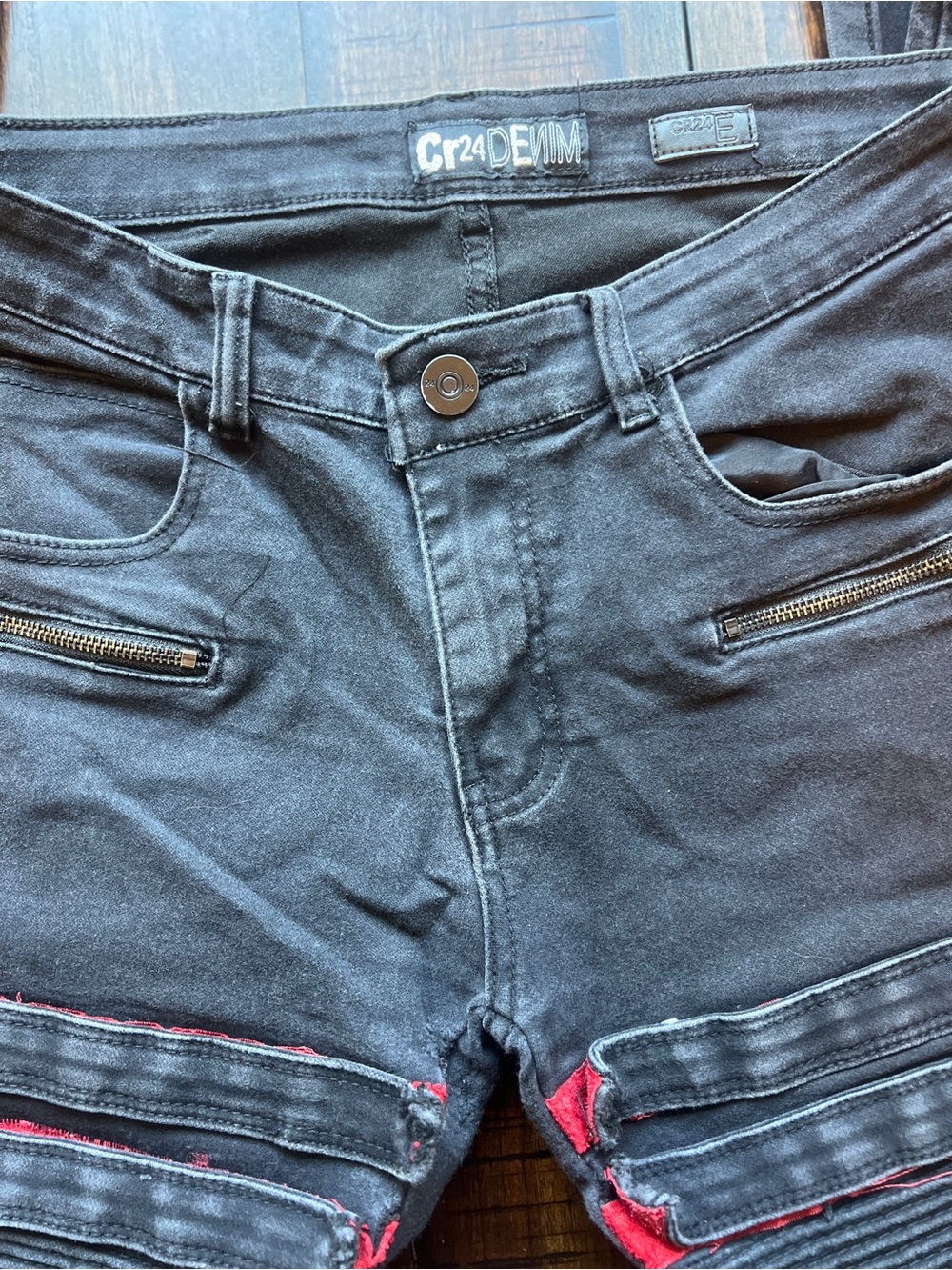 Cr24 Denim Black Distressed Moto Jeans with Red Velcro & zipper details